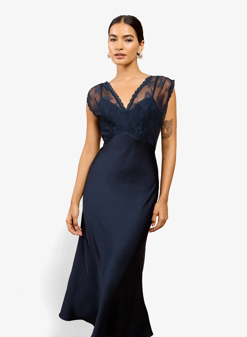 Little Mistress  Navy Satin Lace Midi Dress for Women | Best Price UAE